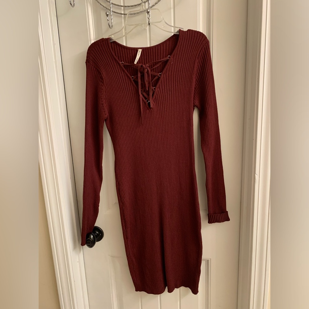 Say What? Burgundy Lace-Up Long Sleeve Dress